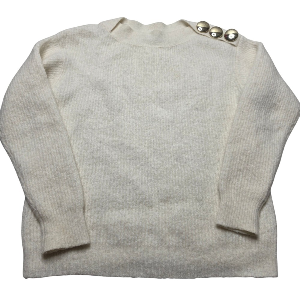 Antonio Melani Ivory Ribbed Knit Sweater Gold Button Shoulder Wool Alpaca M